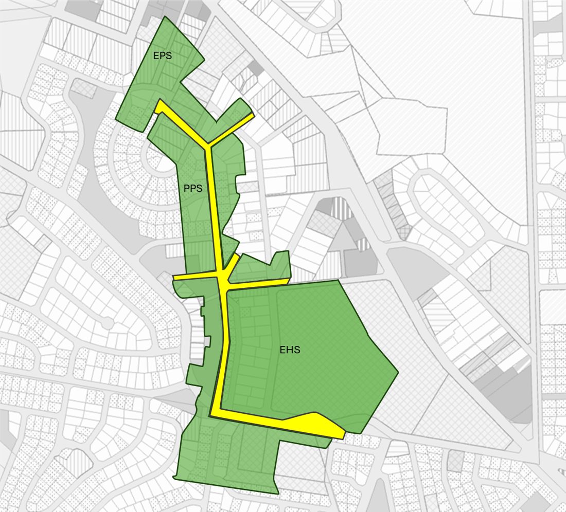 Map of the Dunne Road corridor showing the three school sites along the road
